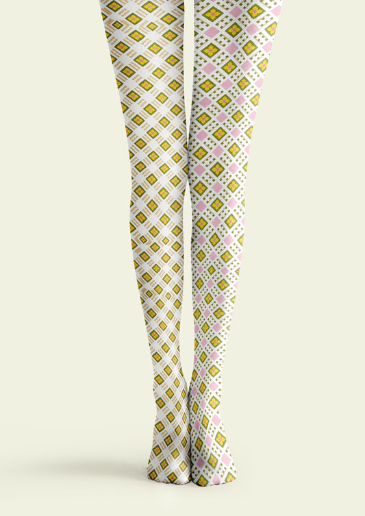 Pink Yellow Diamond Plaid Tights Hosiery Pantyhose