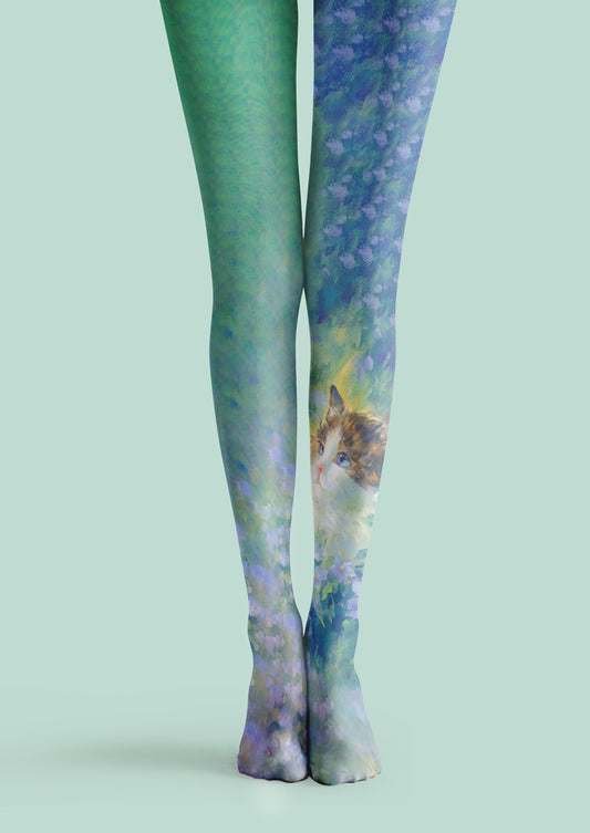 Green Meadow Cat Floral Tights Hosiery Pantyhose