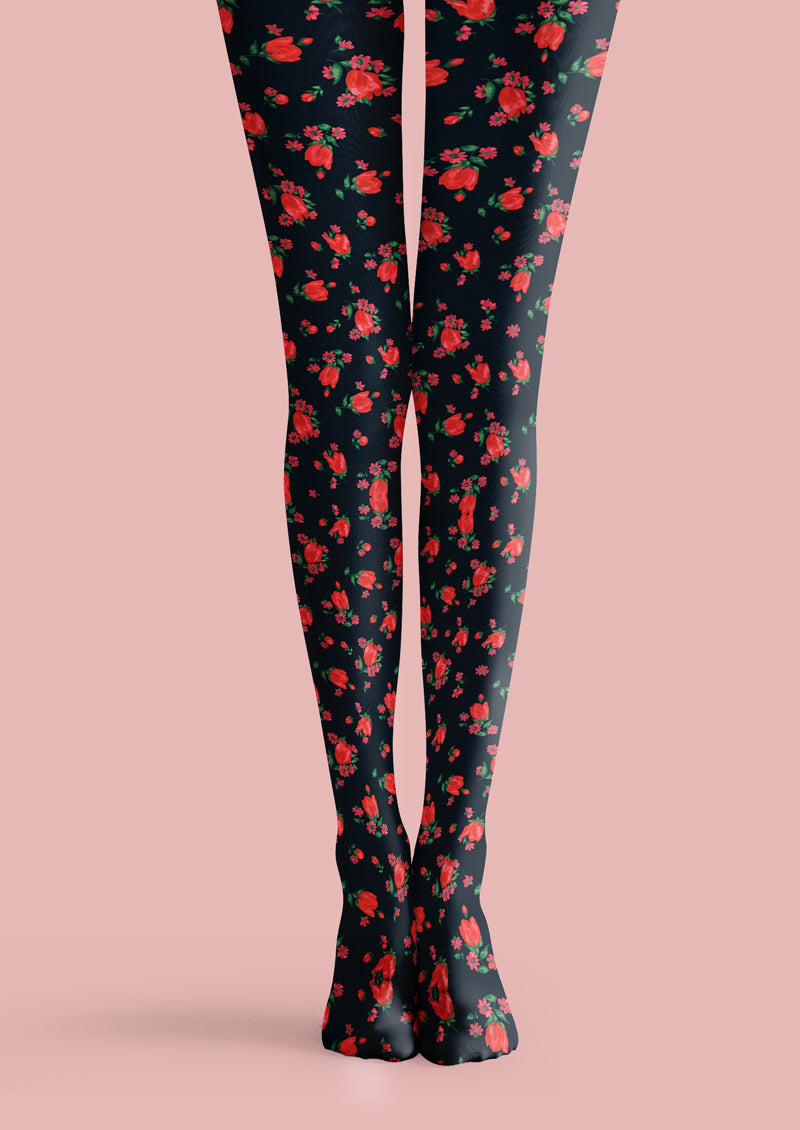 Black Red Rose Tights Hosiery Pantyhose