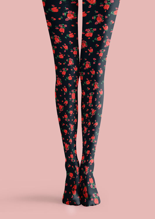 Black Red Rose Tights Hosiery Pantyhose