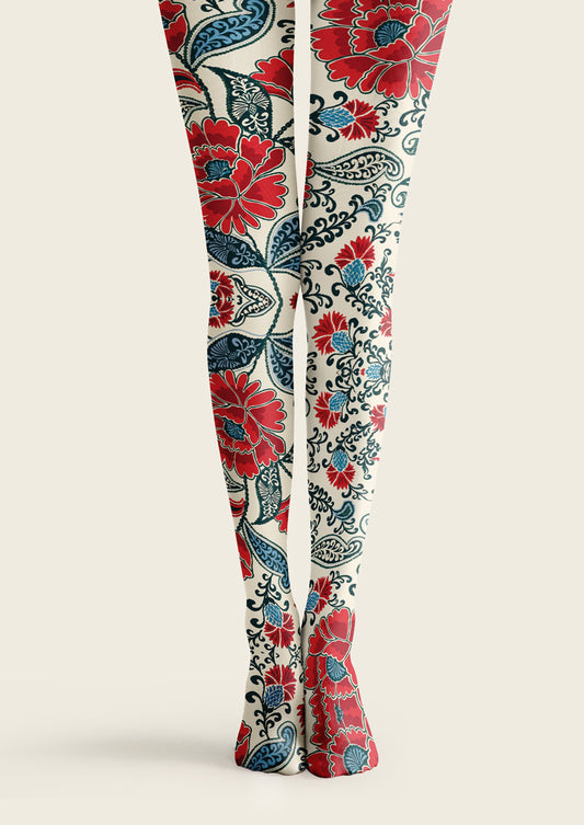 White Red Peony Vintage Tights Hosiery Pantyhose