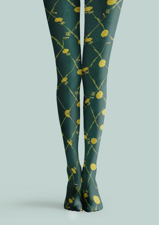 Green Yellow Floral Grid Tights Hosiery Pantyhose