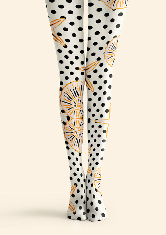 White Polka Dot Orange Floral Tights Hosiery Pantyhose