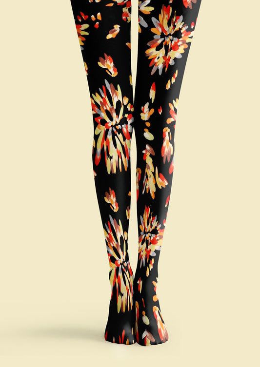 Black Orange Red Firework Floral Tights Hosiery Pantyhose