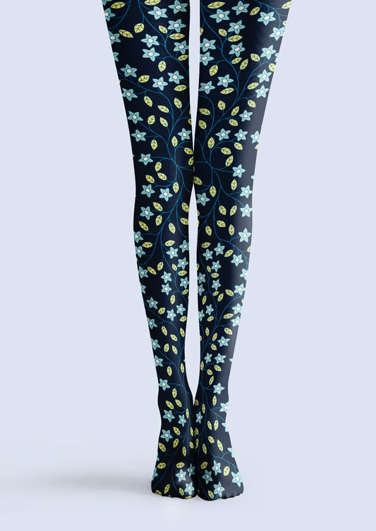 Navy Blue Light Blue Floral Vines Tights Hosiery Pantyhose