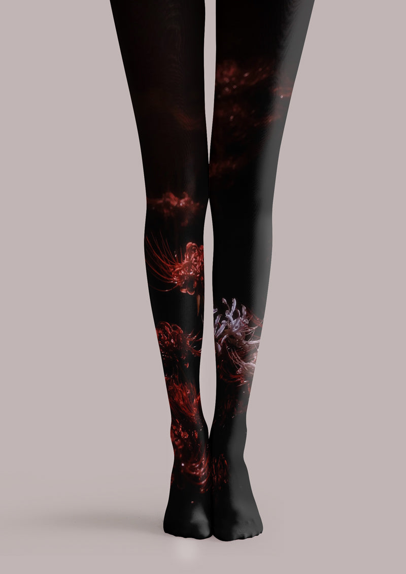 Black Red Spider Lily Floral Tights Hosiery Pantyhose