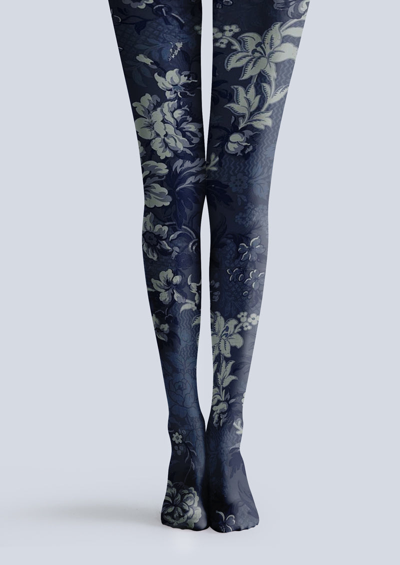 Navy Dark Vintage Floral Tights Hosiery Pantyhose