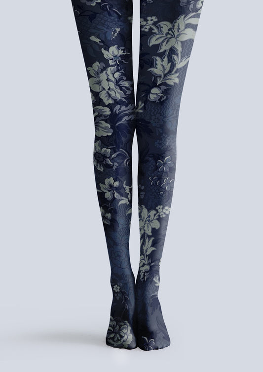 Navy Dark Vintage Floral Tights Hosiery Pantyhose
