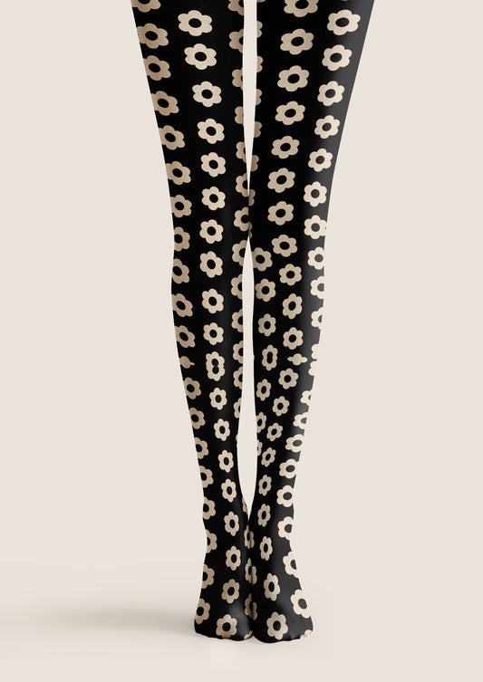 Black Beige Small Flower Tights Hosiery Pantyhose