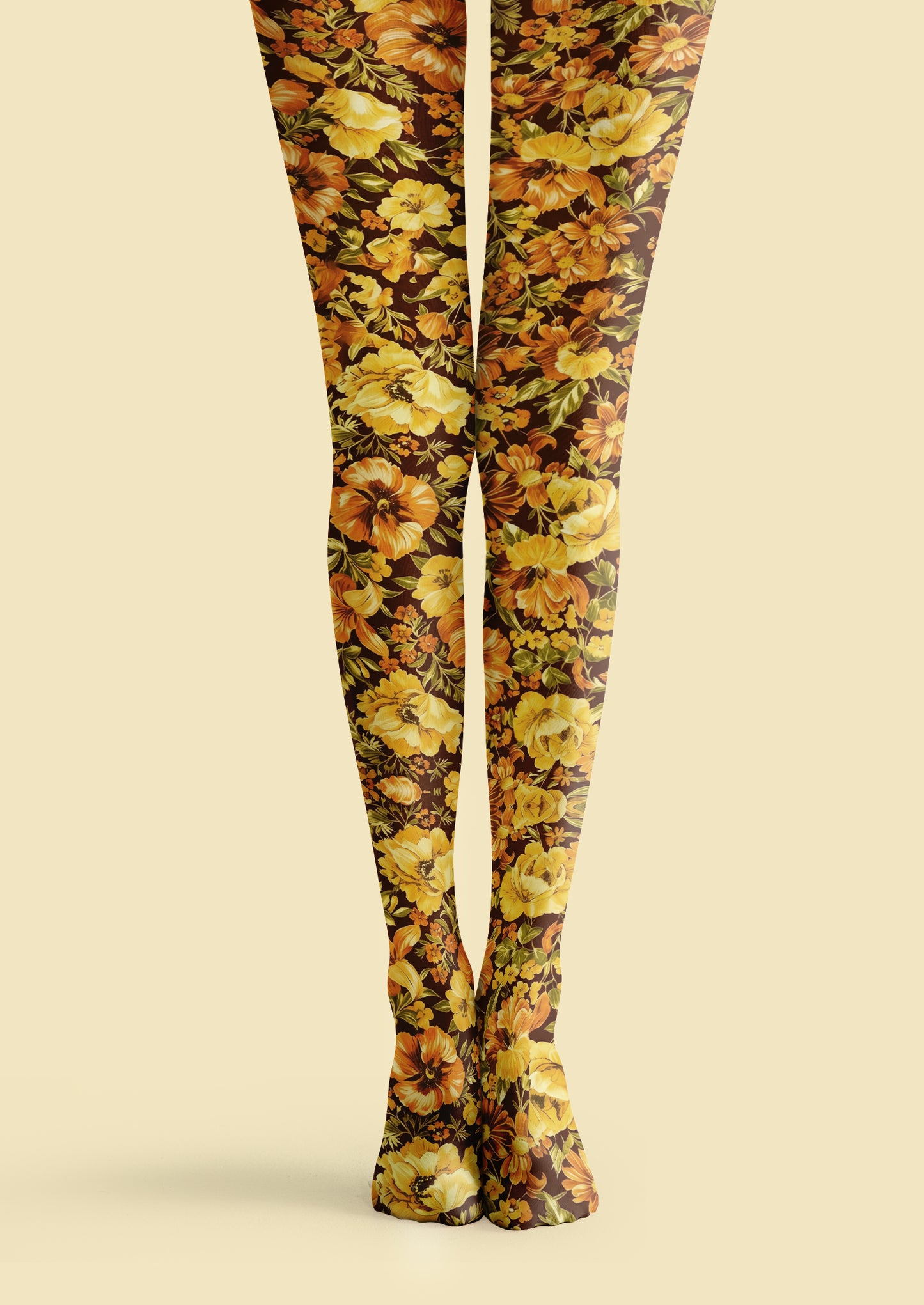 Brown Vintage Yellow Floral Tights Hosiery Pantyhose