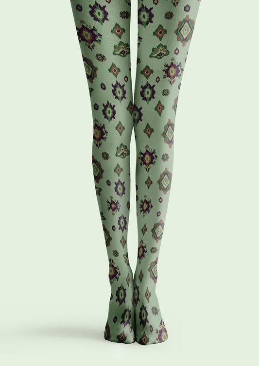 Green Ethnic Geometric Tights Hosiery Pantyhose