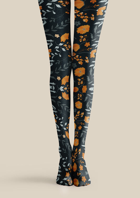 Black Orange Floral Tights Hosiery Pantyhose
