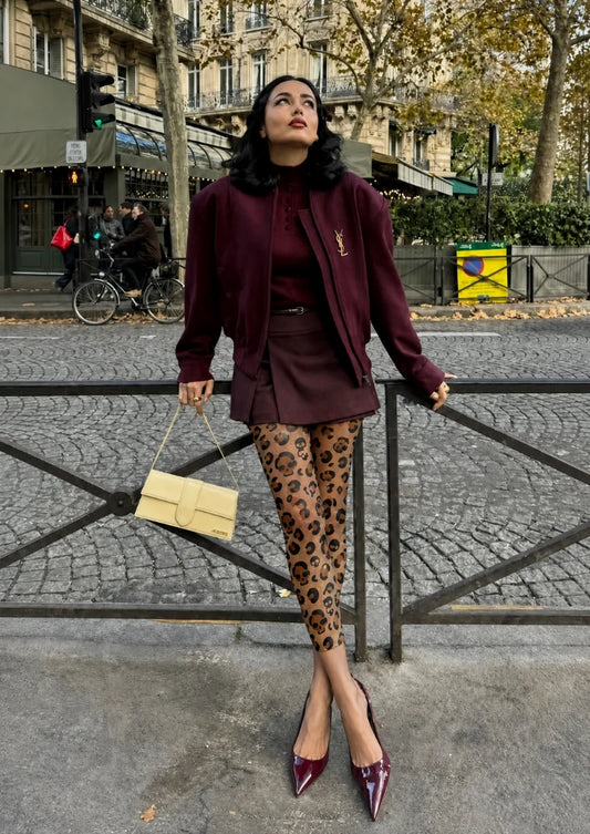 Beige Skull Leopard Footless Tights