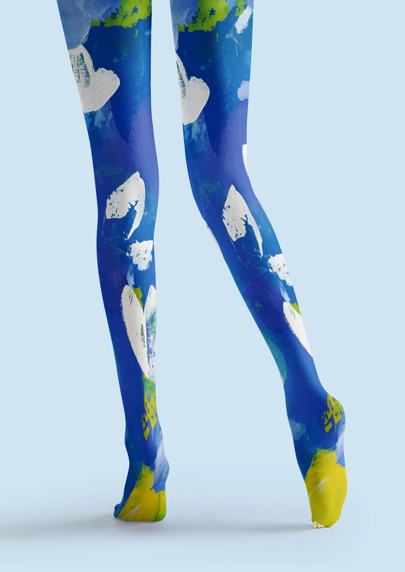 Blue Green Watercolor Floral Tights Hosiery Pantyhose