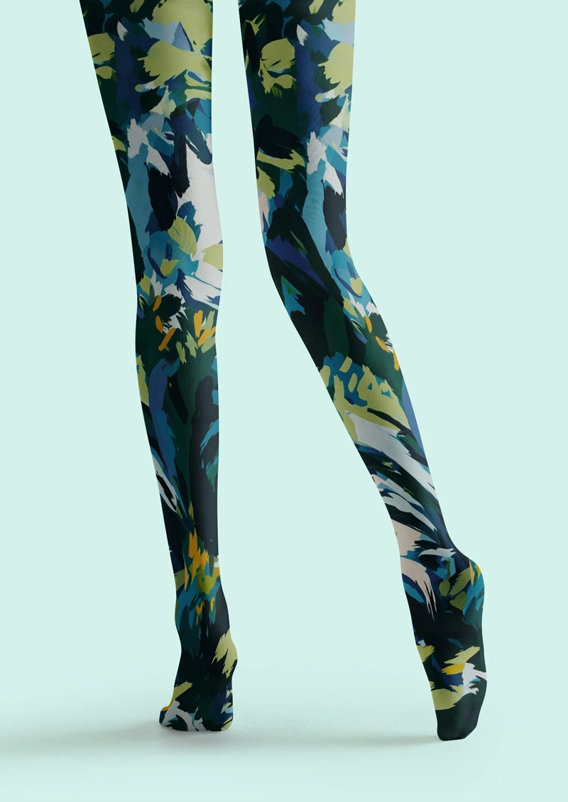 Blue Green Abstract Floral Tights Hosiery Pantyhose
