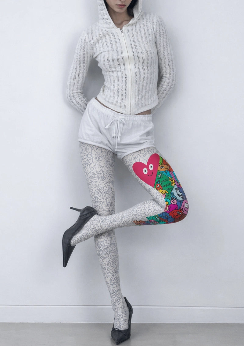 White Doodle Asymmetric Tights Hosiery Pantyhose