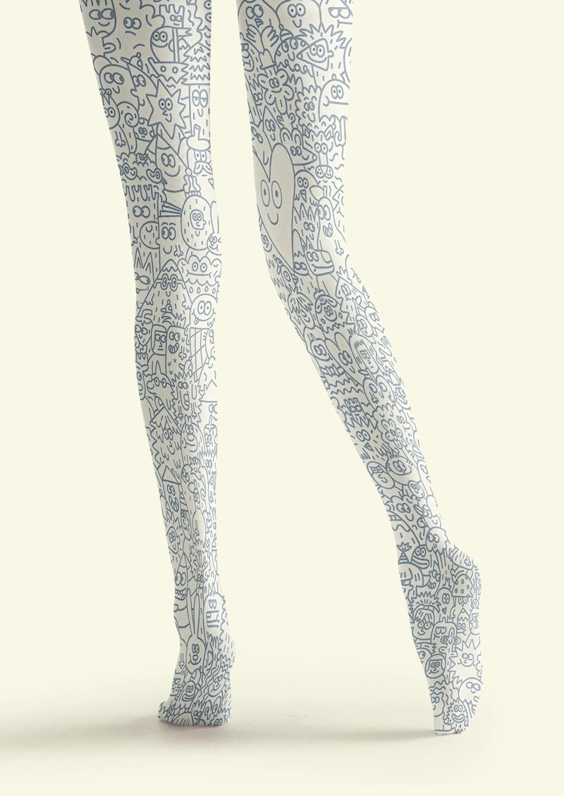 White Doodle Asymmetric Tights Hosiery Pantyhose