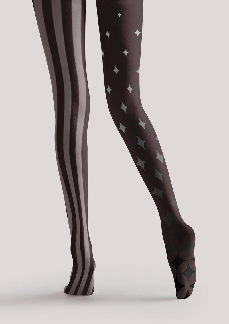 Brown Grey Star & Stripe Asymmetric Tights Hosiery Pantyhose