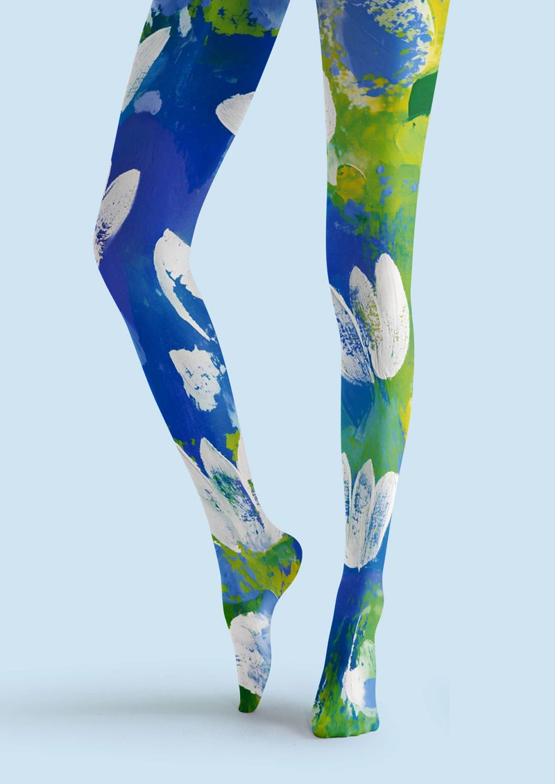Blue Green Watercolor Floral Tights Hosiery Pantyhose