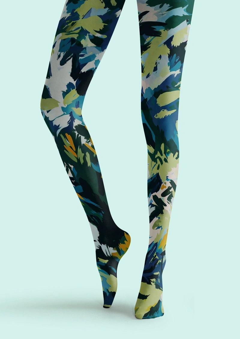 Blue Green Abstract Floral Tights Hosiery Pantyhose