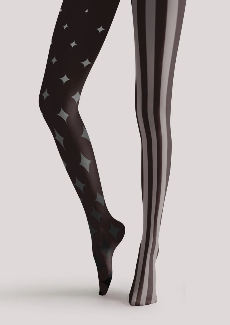 Brown Grey Star & Stripe Asymmetric Tights Hosiery Pantyhose