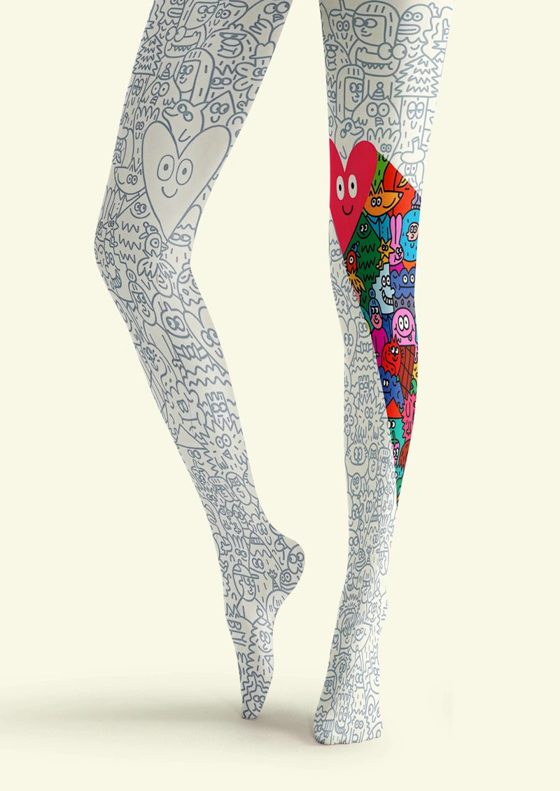 White Doodle Asymmetric Tights Hosiery Pantyhose