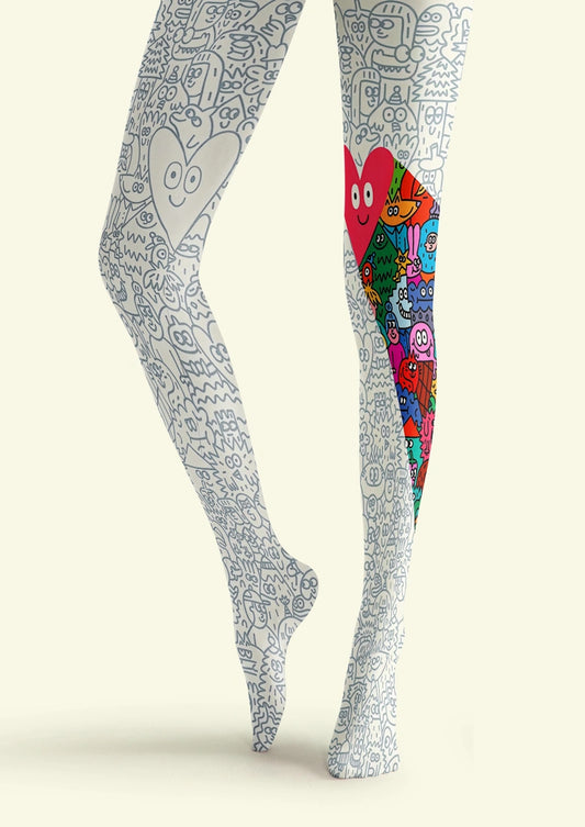 White Doodle Asymmetric Tights Hosiery Pantyhose