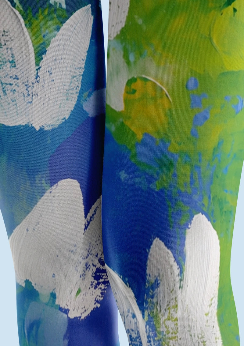 Blue Green Watercolor Floral Tights Hosiery Pantyhose