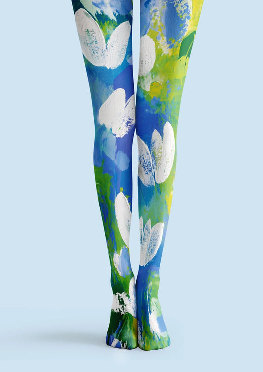 Blue Green Watercolor Floral Tights Hosiery Pantyhose