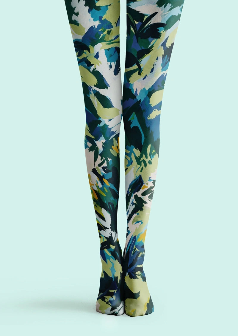 Blue Green Abstract Floral Tights Hosiery Pantyhose