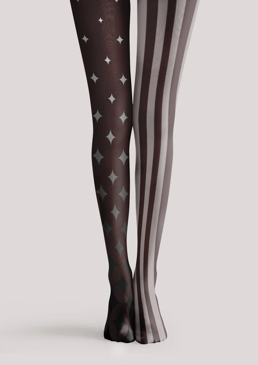 Brown Grey Star & Stripe Asymmetric Tights Hosiery Pantyhose