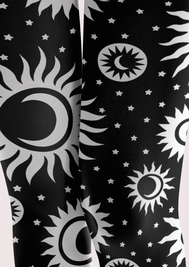 Celestial Sun Moon Print Footless Tights Hosiery Leggings