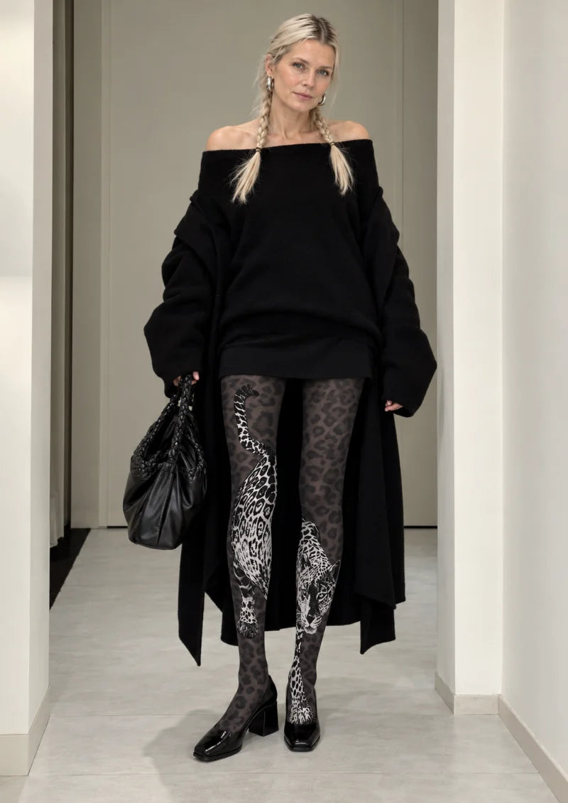 Black Gray Leopard Portrait Tights