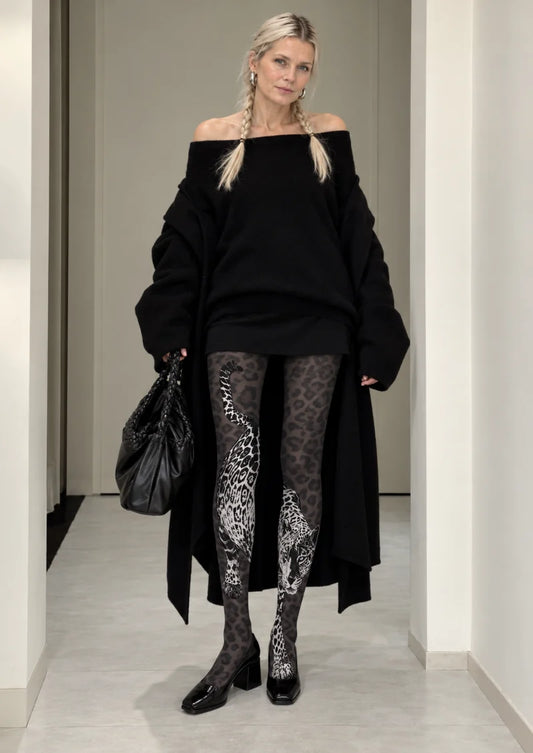 Black Gray Leopard Portrait Tights