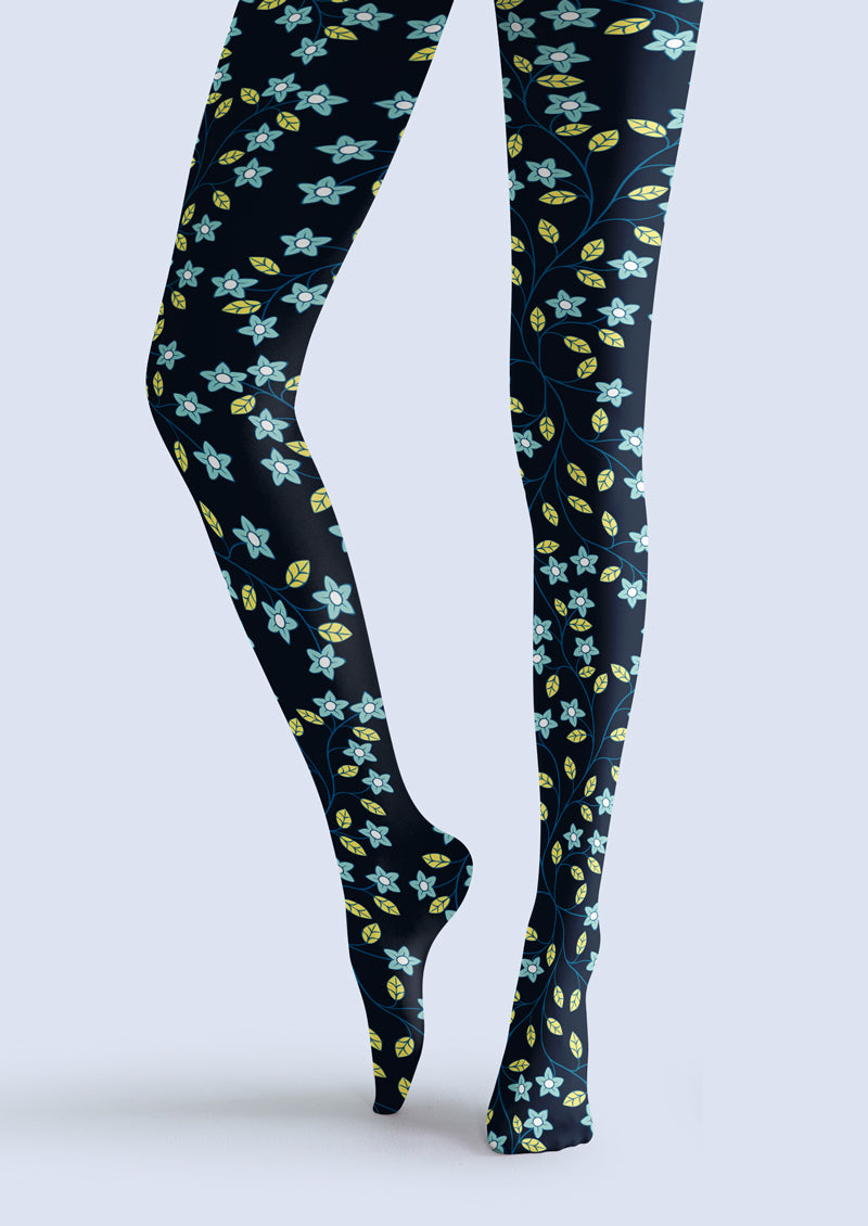 Navy Blue Light Blue Floral Vines Tights Hosiery Pantyhose