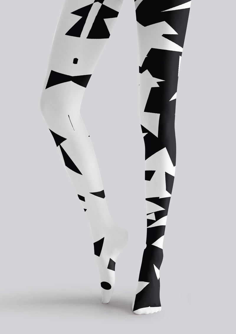 Black White Geometric Patchwork Tights Hosiery Pantyhose