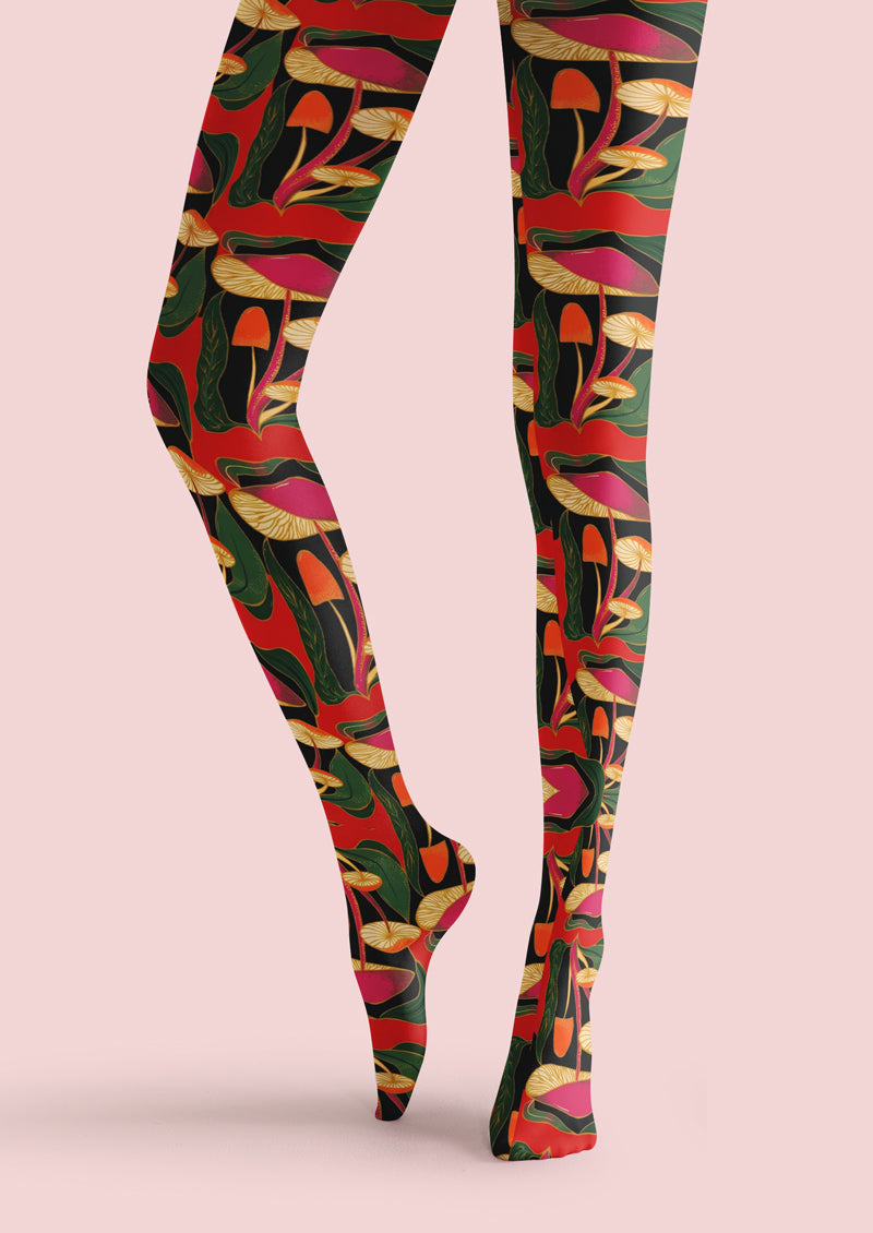 Red Mushroom Print Tights Hosiery Pantyhose