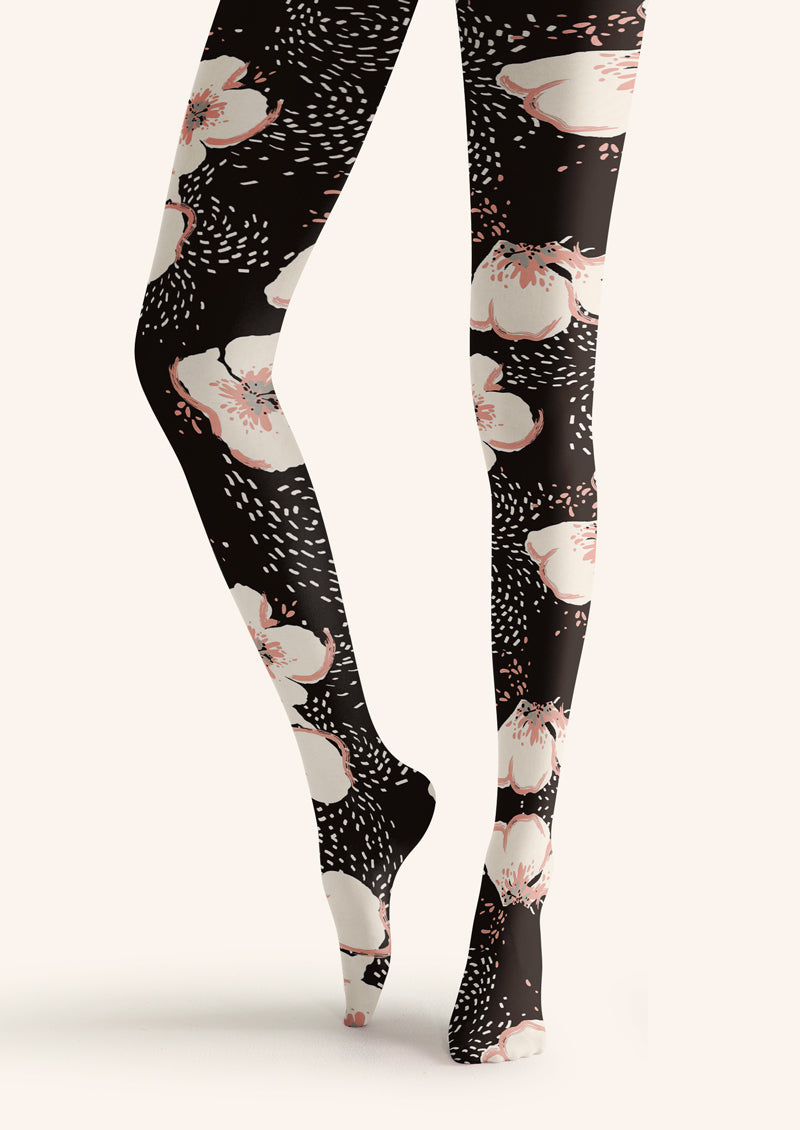 Black White Cherry Blossom Tights Hosiery Pantyhose
