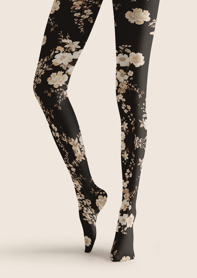 Black White Vintage Floral Tights Hosiery Pantyhose