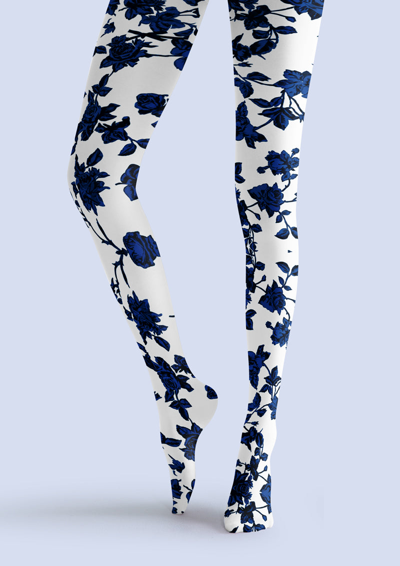 White Blue Rose Tights Hosiery Pantyhose