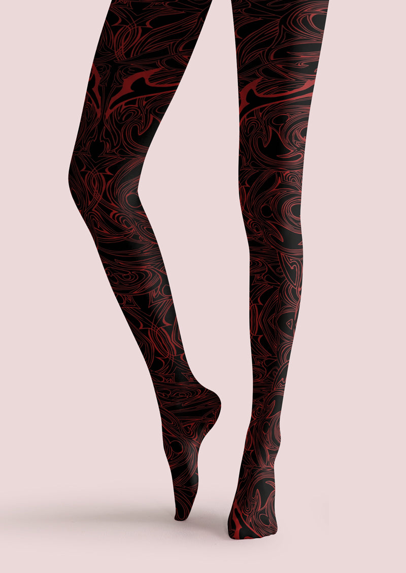 Black Red Tattoo Swirl Tights Hosiery Pantyhose