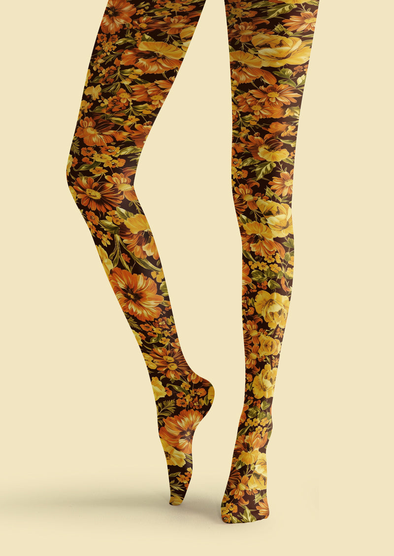 Brown Vintage Yellow Floral Tights Hosiery Pantyhose