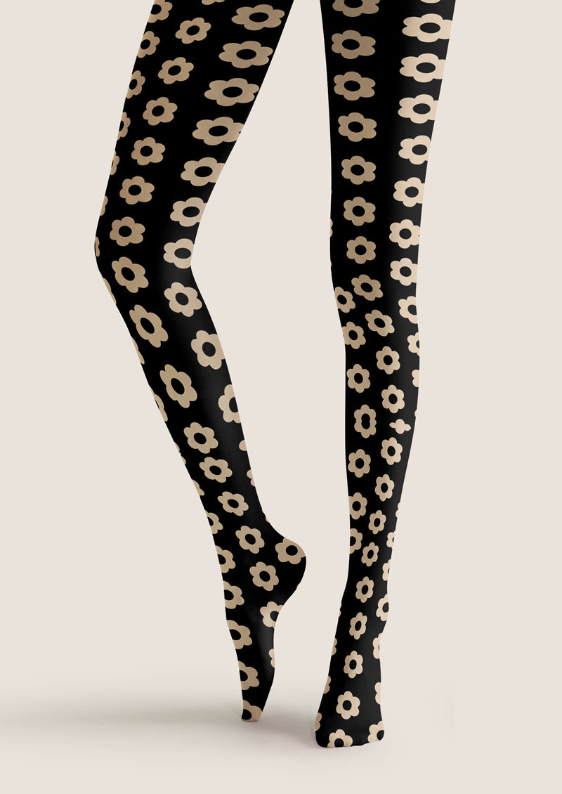 Black Beige Small Flower Tights Hosiery Pantyhose