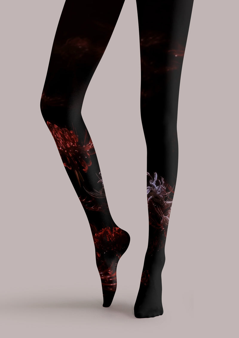 Black Red Spider Lily Floral Tights Hosiery Pantyhose