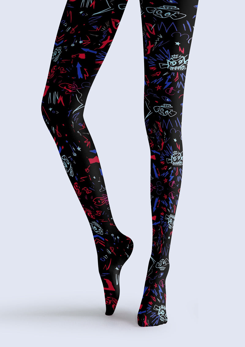 Black Graffiti Print Tights Hosiery Pantyhose