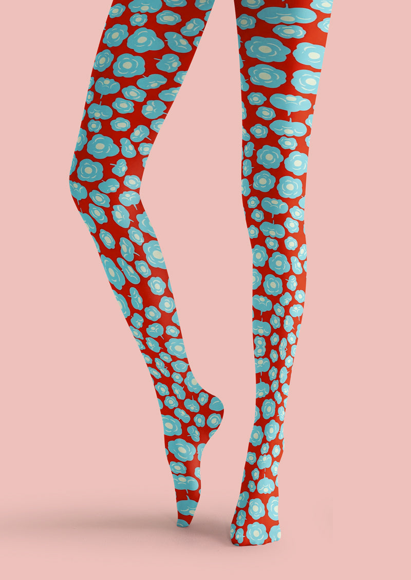Red Blue Floral Tights Hosiery Pantyhose