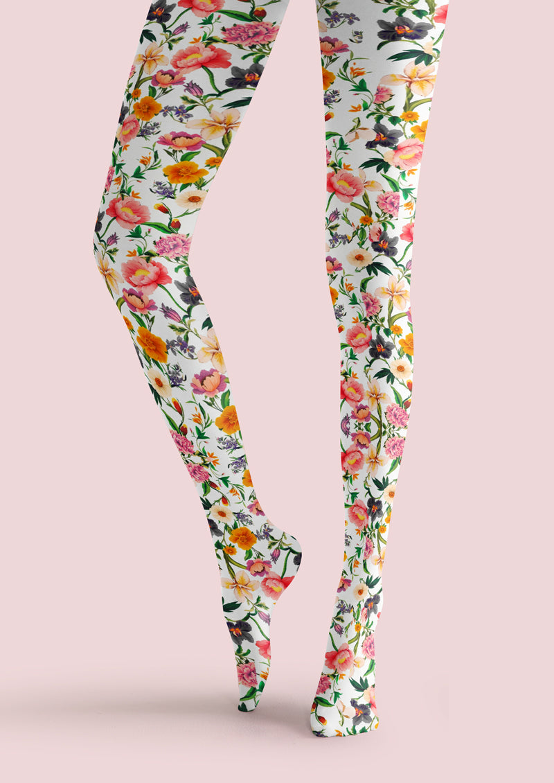 White Colorful Floral Tights Hosiery Pantyhose
