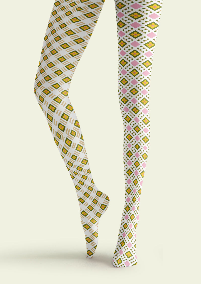 Pink Yellow Diamond Plaid Tights Hosiery Pantyhose