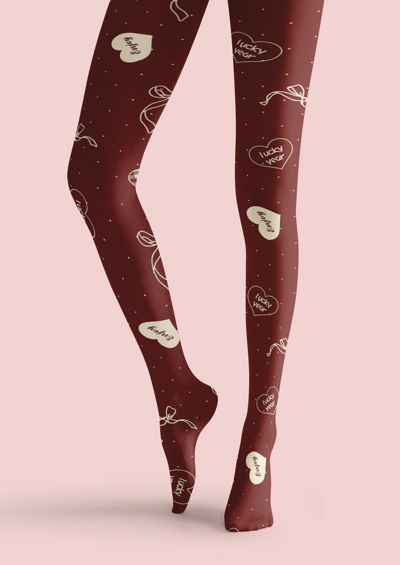 Burgundy Heart Bow Plaid Tights Hosiery Pantyhose
