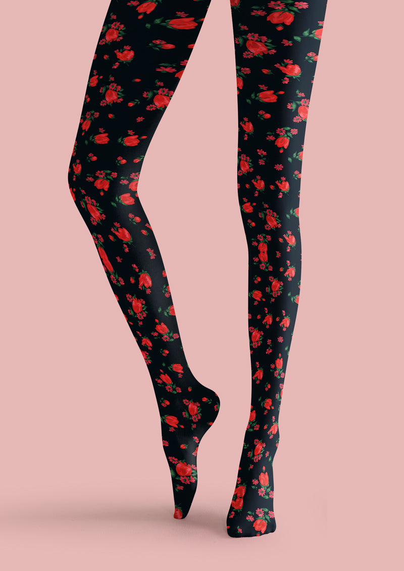 Black Red Rose Tights Hosiery Pantyhose